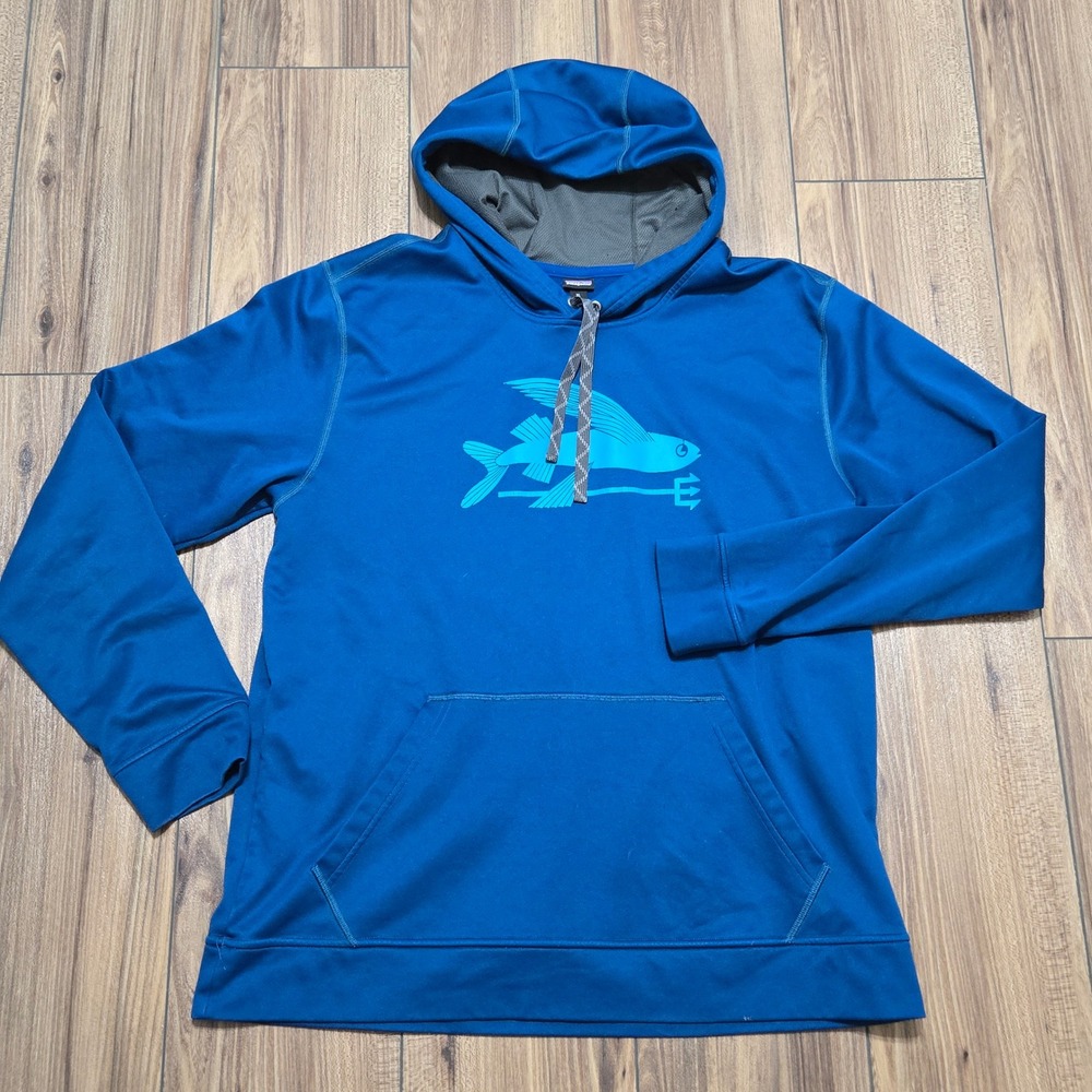 Patagonia Mens XL Blue Flying Fish Trident Graphic Tech Fleece Pullover Hoodie